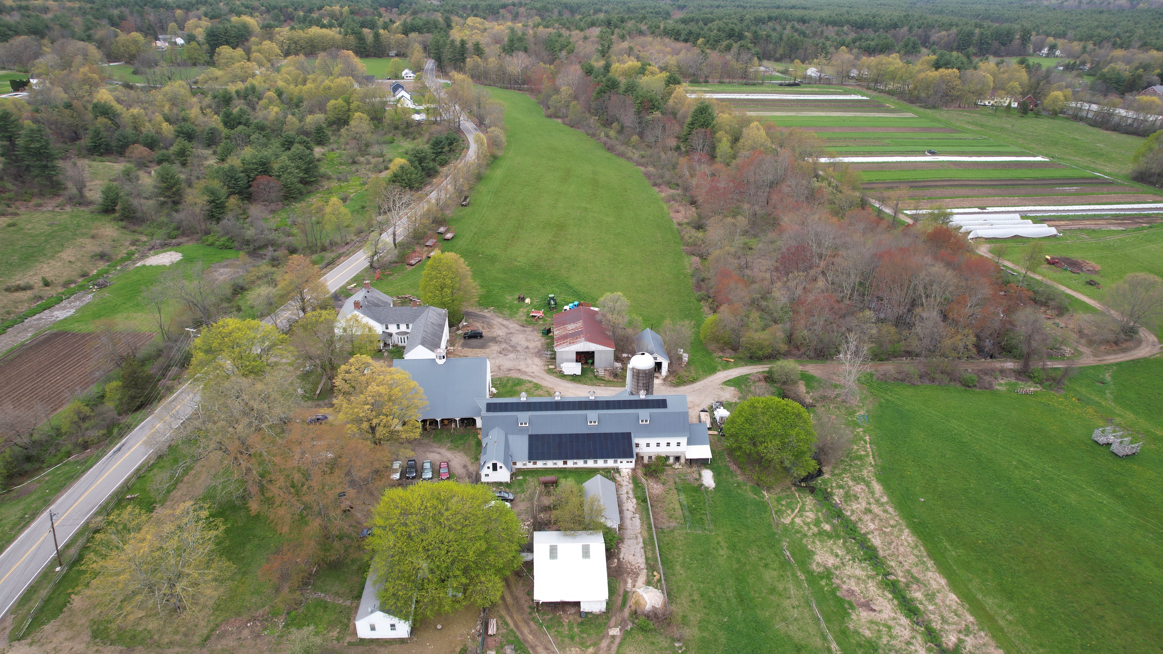 Aerial view of Upswing Farm solar installation in Pepperell, MA — a Critical Mass Solar project