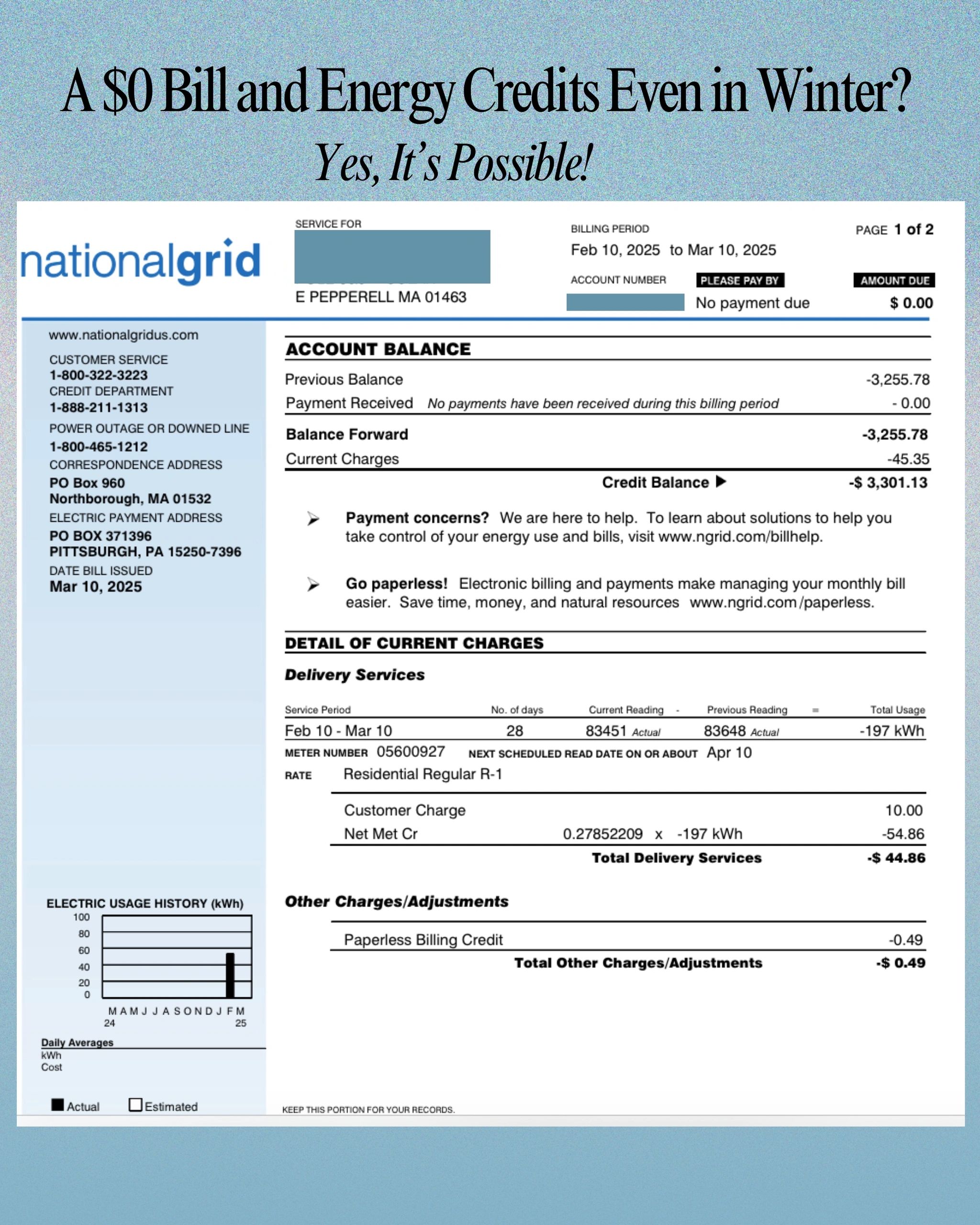 National Grid electric bill showing $0.00 balance due with solar net metering credits